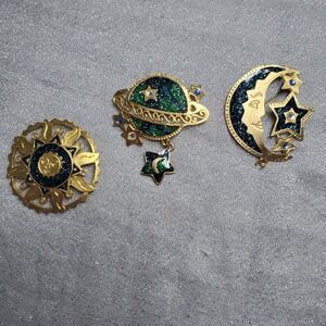 Vtg Newpro Celestial Brooch Full Set Gold Tone Sun Moon Planet Glitter Enamel
